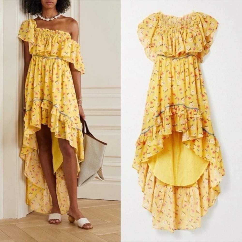 LOVESHACKFANCY Alexia Ruffle Tiered Yellow High and Low Floral Cotton Dress
10